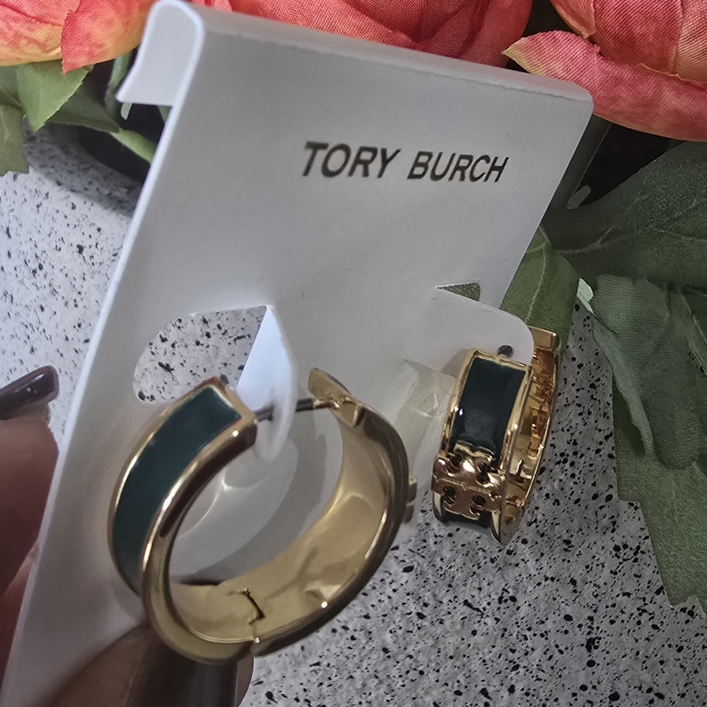 Tory Burch Gold and Dark Green Hoop Earrings - Picture 4 of 4